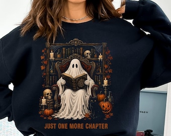 Sudadera "Solo un capítulo más", suéter de lectura fantasma, sudadera de cuello redondo para amantes de los libros de Halloween, estética Dark Academia, regalo para lectores, camiseta espeluznante para amantes de los libros