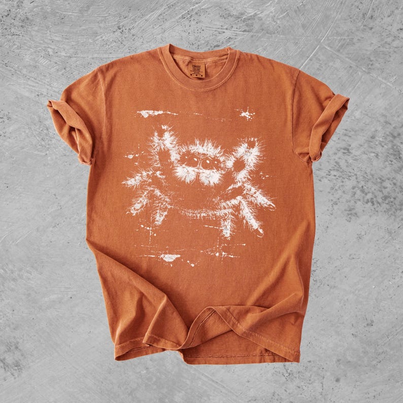 Puede incluir: Una camiseta de manga corta color naranja quemado con un estampado gr&aacute;fico blanco de estilo desgastado de una ara&ntilde;a saltarina peluda en el centro. La prenda tiene cuello redondo y un corte relajado, mostrando detalles de pelos finos.