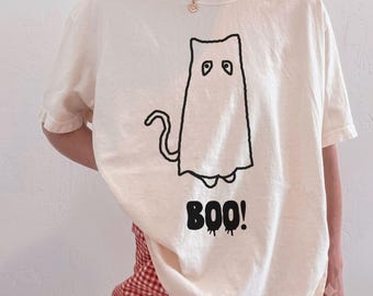 Comfort Colors® Ghost Cat Shirt, Cute Boo Halloween T-Shirt, Spooky Black Cat Tee, Funny Minimalist Halloween Top, Aesthetic Cat Lover Gift