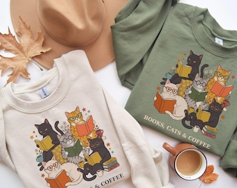 Sudadera Libros, Gatos y Café, Sudadera con capucha para amantes de los gatos y los libros, Sudadera para club de lectura, Regalo para amantes de la lectura, Sudadera de cuello redondo para ratones de biblioteca, Regalo para mamás de gatos