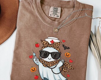 Comfort Colors® Ghost Nurse Halloween Shirt, Leopard Nurse Ghost Tee, Spooky Season Nurse T-Shirt, Halloween Nursing Gift, Ghost Nurse Tee