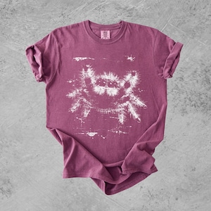 Puede incluir: Una camiseta de manga corta color granate con un estampado gr&aacute;fico blanco de una ara&ntilde;a saltarina peluda en el centro. La camiseta tiene cuello redondo y una etiqueta de la marca Comfort Colors impresa en el interior de la zona del cuello.