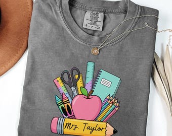 Comfort Colors® Custom Teacher Shirt, Personalized Teacher Name T-Shirt, Back To School Teacher Gift, School Supplies Apple Tee