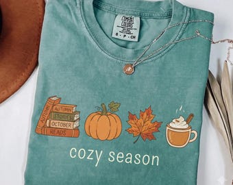 Comfort Colors® Cozy Season Shirt, Books Lover Fall Gift, Womens Pumpkin Season Shirt,Cute Pumpkin Shirt,Autumn Leaf Shirt,Fall Coffee Shirt