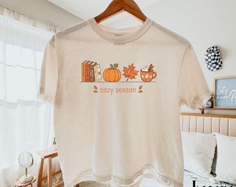 Comfort Colors® Women's Boxy Tee Cozy Season Shirt, Book Lover Fall Crop Top, Cute Pumpkin Spice Coffee T-Shirt, Autumn Reader Gift