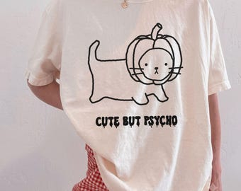 Comfort Colors® Cute But Psycho Shirt, Pumpkin Cat Halloween T-Shirt, Funny Spooky Cat Tee, Minimalist Halloween Top, Cat Lover Fall Gift