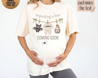 Comfort Colors® Custom Expecting A Boo Shirt, Halloween Pregnancy Reveal T-Shirt, Personalized Maternity Spooky Baby Announcement Tee