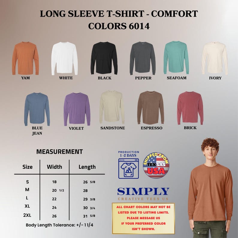 Puede incluir: Una carta de colores de camisetas de manga larga con doce opciones: yam, blanco, negro, pimienta, espuma de mar, marfil, azul jean, violeta, arenisca, espresso y ladrillo. Incluye una tabla de medidas en pulgadas y una persona con camiseta yam.
