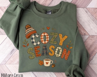 Sudadera y sudadera con capucha de temporada acogedora, lindo jersey de cuello redondo con retazos otoñales, suéter de temporada de otoño, jersey con estampado de bellota de café de Cozy Vibes, regalo de otoño