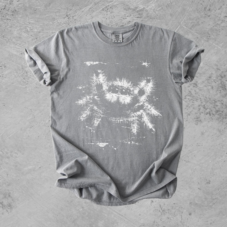 Puede incluir: Una camiseta gris de manga corta con un estampado gr&aacute;fico blanco de una ara&ntilde;a saltarina peluda en el pecho. La ilustraci&oacute;n de la ara&ntilde;a tiene un aspecto desgastado y texturizado con patas visibles y varios ojos. Cuello redondo.
