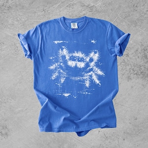 Puede incluir: Una camiseta azul brillante de manga corta con un estampado gr&aacute;fico blanco desgastado de una ara&ntilde;a saltarina peluda centrada en el pecho. La camiseta tiene cuello redondo y un corte est&aacute;ndar, con la ilustraci&oacute;n de la ara&ntilde;a mostrando textura.