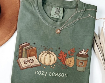 Comfort Colors® Cozy Season Shirt, Book Lover Fall Gift, Pumpkin Spice Coffee Tee, Autumn Leaves T-Shirt, Cute Fall Reader Women Shirt