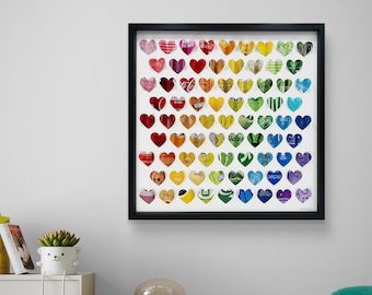 Rainbow Hearts Classic, Upcycled Can Picture, Multi coloured Recycled Cans, Framed Wall Art, Diagonal Hearts, Heart Art, Love Picture