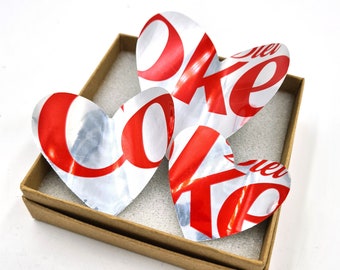 Diet Coke Can Heart Fridge Magnets, Heart Shaped recycled Tin Can Magnets, presented in recycled gift box