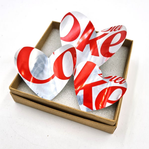 Diet Coke Can Heart Fridge Magnets, Heart Shaped recycled Tin Can Magnets, presented in recycled gift box