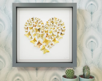 Gold Butterfly Heart, Upcycled Can Picture, Medium Sized Framed Wall Art, Golden Wedding Anniversary Gift