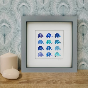 Blue Elephants - Recycled Can Picture, Framed
