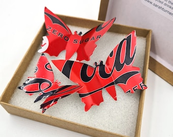 Upcycled Coke Zero Can Butterfly Magnets, Set of 3 in recycled gift box