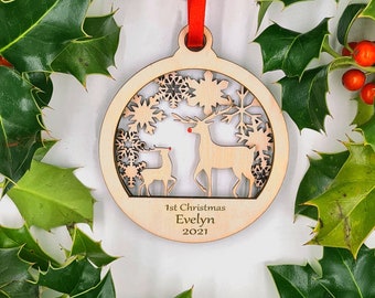 Personalised Reindeer Snow Christmas Bauble, Christmas Decoration, Christmas Ornament, Secret Santa gift, Laser cut plywood, Christmas gift