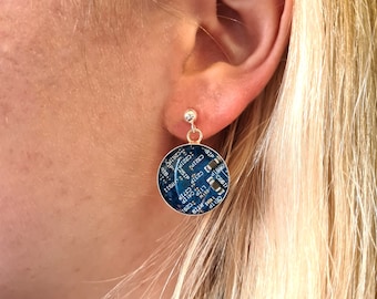 Silver Circuit Board Stud Drop Earrings - Upcycled PCB Dangly earrings with Resin - Choose the colour