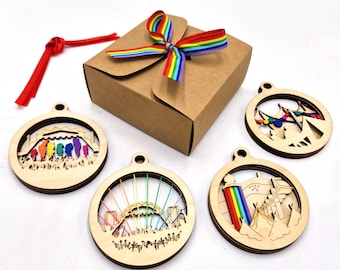 Rainbow Festival Baubles - Gift set of 4 including gift box, Festival Keepsake decoration, Recycle your event wristband - Laser cut ply