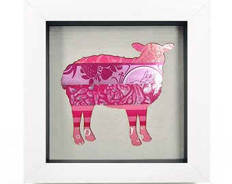 Stripy Pink Sheep Upcycled Can Artwork, Recycled Cans, Pink Art, Framed Picture, Eco Gift