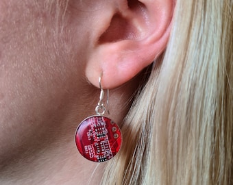 Silver Circuit Board Drop Earrings - Upcycled PCB Dangly earrings with Resin - Choose the colour