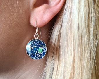 Silver Circuit Board Drop Earrings - Upcycled PCB Dangly earrings with Resin - Choose the colour