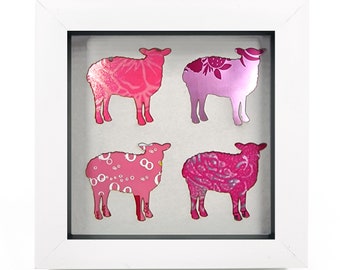 Four Pink Sheep Upcycled Can Artwork, Recycled Cans, Pink Art, Framed Picture, Eco Gift
