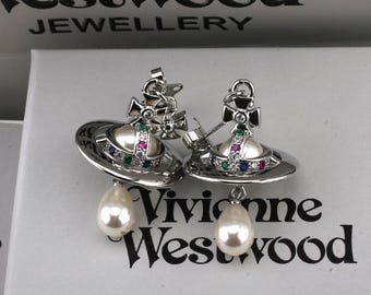 In doos Vivienne Westwood-oorbellen, 925 zilveren CZ-parelmoer Saturnus-druppeloorbellen, cadeaus.