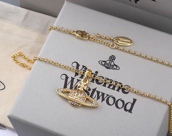 In Box Vivienne Westwood Necklace,Gold CZ Saturn Pendant,Gifts.