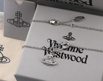 In Box Vivienne Westwood Necklace,925 Silver Pin CZ Saturn Pendant,Gifts.