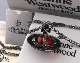 In Box Vivienne Westwood Necklace,Black Large Red CZ Saturn Pendant,Gifts.