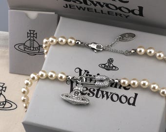 In Box Vivienne Westwood Pearl Necklace,925 Silver CZ Saturn Pendant,Gifts.