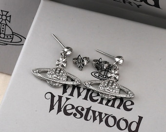 In Box Vivienne Westwood Ohrringe, 925 Silber CZ Saturn Tropfen Ohrringe, Geschenke.