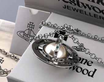 In Box Vivienne Westwood Necklace,925 Silver Large CZ Pearl Saturn Pendant,Gifts.