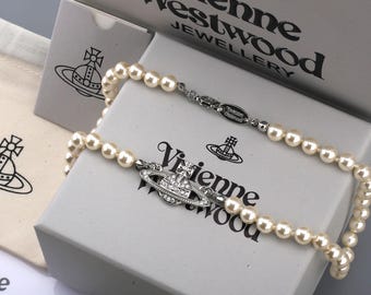 In Box Vivienne Westwood Pearl Necklace,925 Silver CZ Saturn Pendant,Gifts.