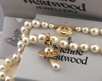 In Box Vivienne Westwood Pearl Necklace,Gold CZ Pearl Saturn Pendant,Gifts.