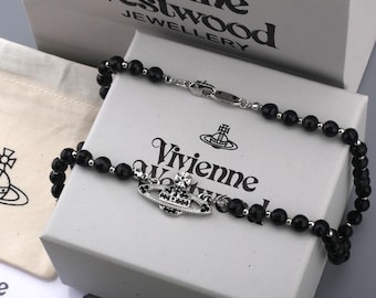 In Box Vivienne Westwood Pearl Necklace,925 Silver Black Agate CZ Saturn Pendant,Gifts.