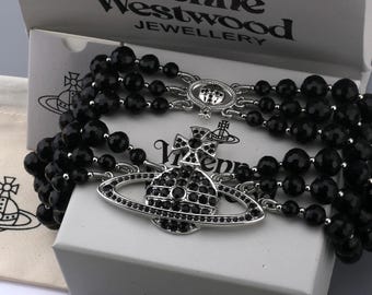 In Box Vivienne Westwood Necklace,925 Silver Three-layer Agate Chain CZ Saturn Pendant,Gifts.
