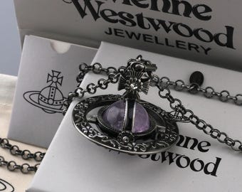 In Box Vivienne Westwood Necklace,925 Silver Large Amethyst Ball Saturn Pendant,Gifts.