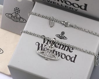 In Box Vivienne Westwood Necklace,Silver CZ Saturn Pendant,Gifts.