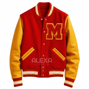 Men’s Red Yellow Varsity Jacket – Letterman Bomber Coat with M Patch, Retro College Style Baseball Jacket