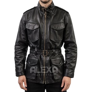 Men’s Black Leather Safari Jacket with Belt | Military Motorcycle Field Coat | Vintage Style Belted Leather Jacket for Men