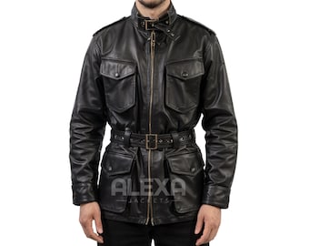 Men’s Black Leather Safari Jacket with Belt | Military Motorcycle Field Coat | Vintage Style Belted Leather Jacket for Men