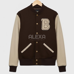 Men's Brown Varsity Jacket– Retro Letterman Bomber Collegiate B Patch Baseball Jacket