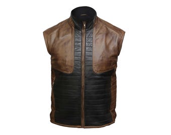 Gilet da motociclista in pelle marrone e nera da uomo, gilet vintage in pelle per motociclisti.