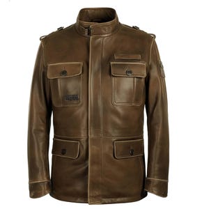 Men’s Brown Leather Field Jacket – Vintage Military Style Coat, Classic Casual Winter Leather Jacket for Men