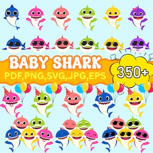 以下が含まれることがあります： 様々な色の漫画の赤ちゃんサメのイラストのコレクション。サングラスやパーティーハットを着用しているものもあり、風船も描かれています。「BABY SHARK」の文字が大きなオレンジ色の文字で表示され、ファイルの種類オプションと「350+」も表示されています。