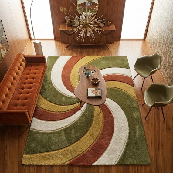 Mid-Century Modern Swirl Rug | Olive Green & Burnt Orange Area Rug | Handmade Wool Tufted Carpet | Retro Living Room Decor 5x8 8x10